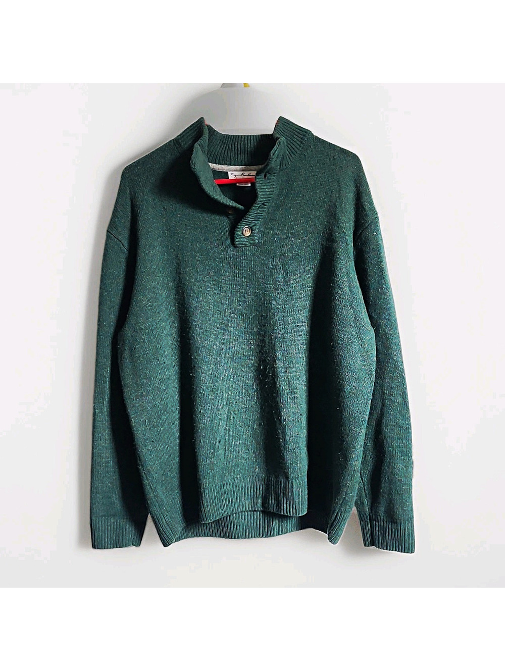 Enzo Mantovani Men’s L Wool Knit Mock Neck Button Pullover Sweater Green